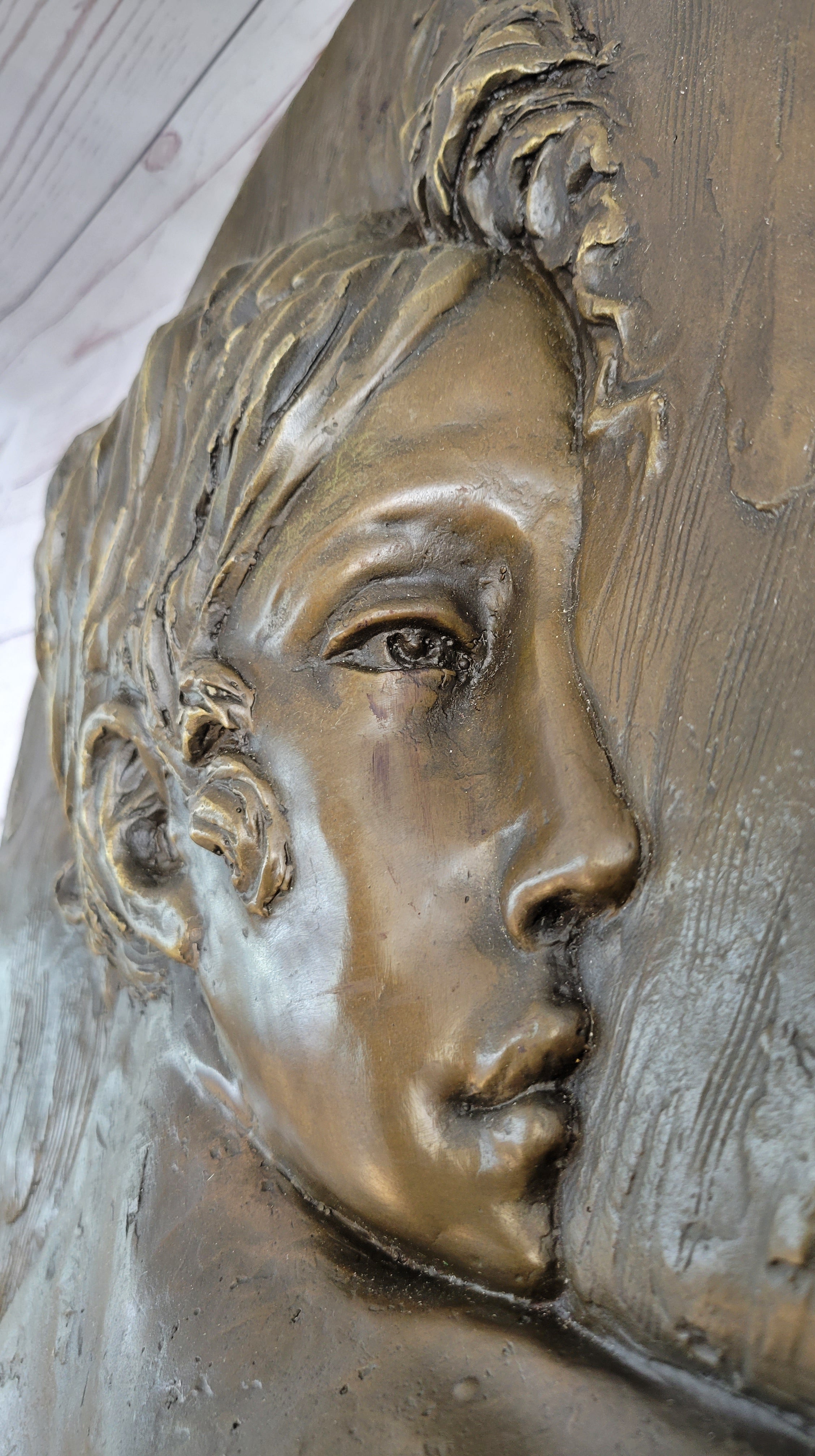 Art Nouveau Bronze Wall Hanging of Woman Profile 17" x 7"