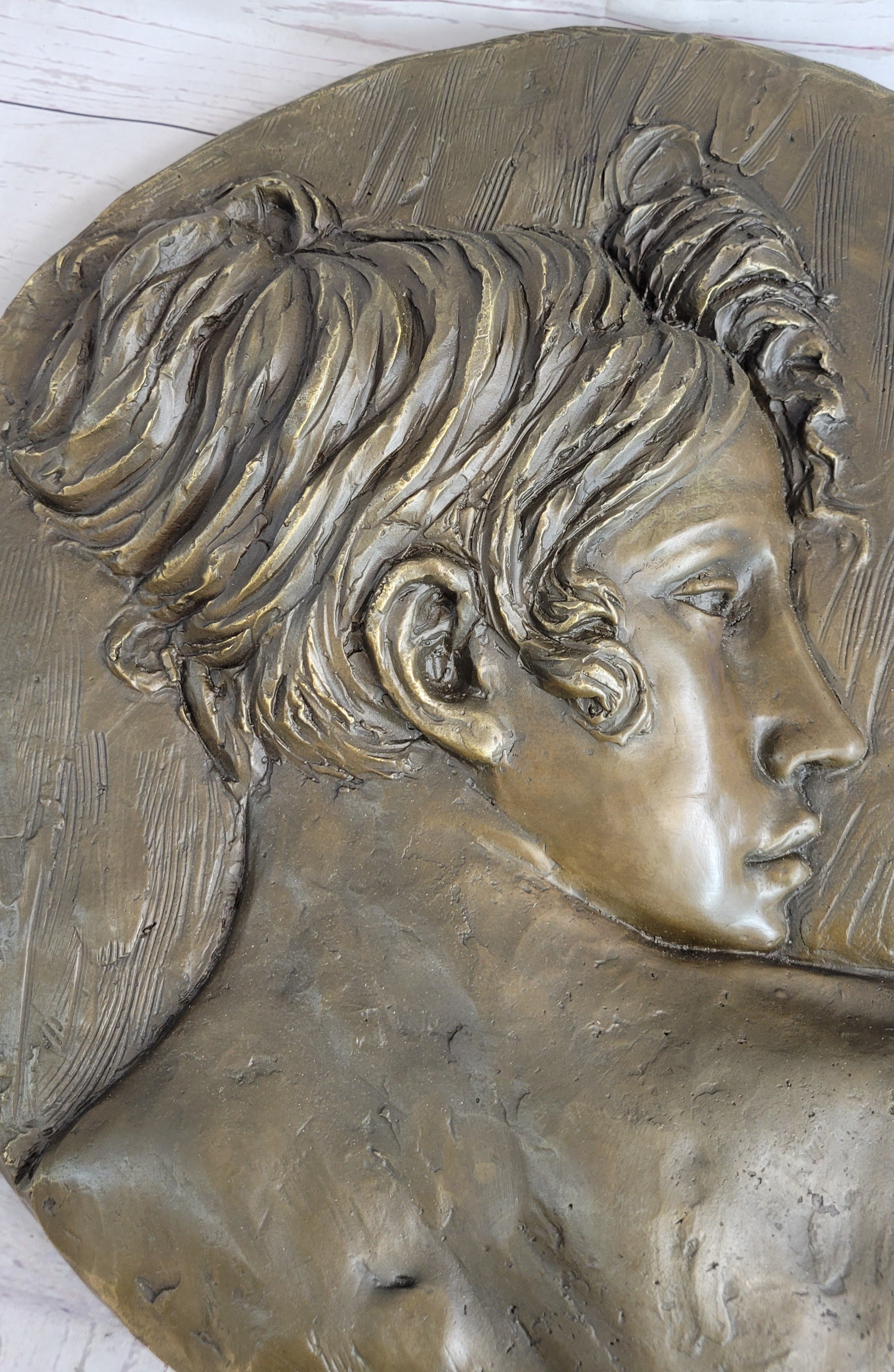 Art Nouveau Bronze Wall Hanging of Woman Profile 17" x 7"