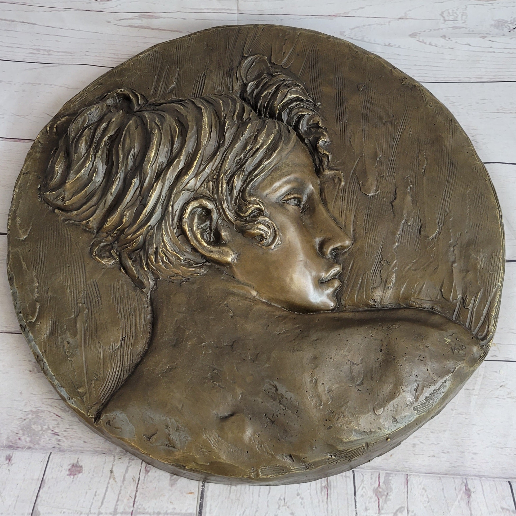Art Nouveau Bronze Wall Hanging of Woman Profile 17" x 7"