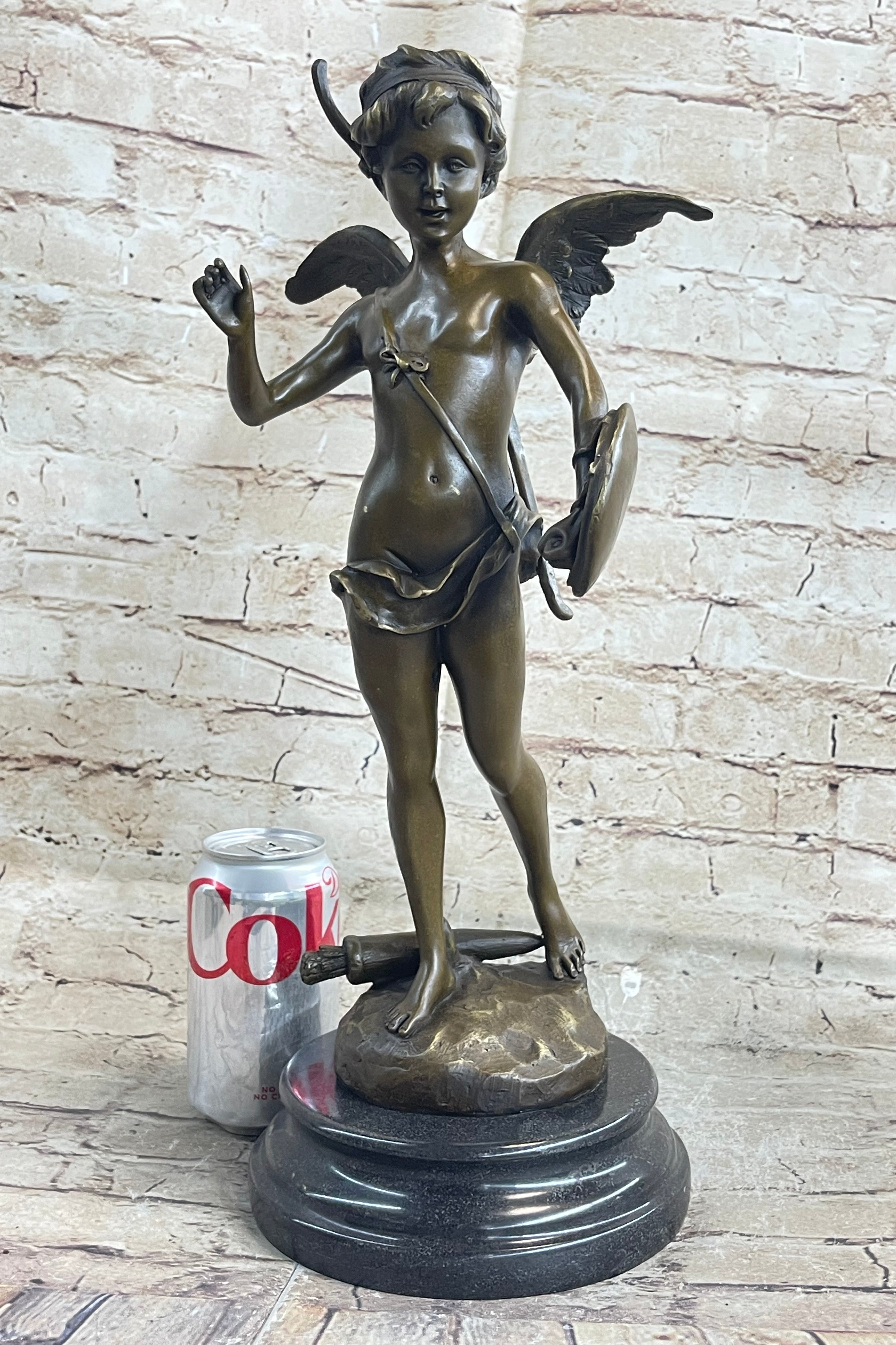 SIGNED BRONZE STATUE CUPID CHERUB SCULPTURE ON MARBLE BASE ART DECO SALE