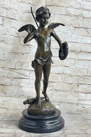 SIGNED BRONZE STATUE CUPID CHERUB SCULPTURE ON MARBLE BASE ART DECO SALE