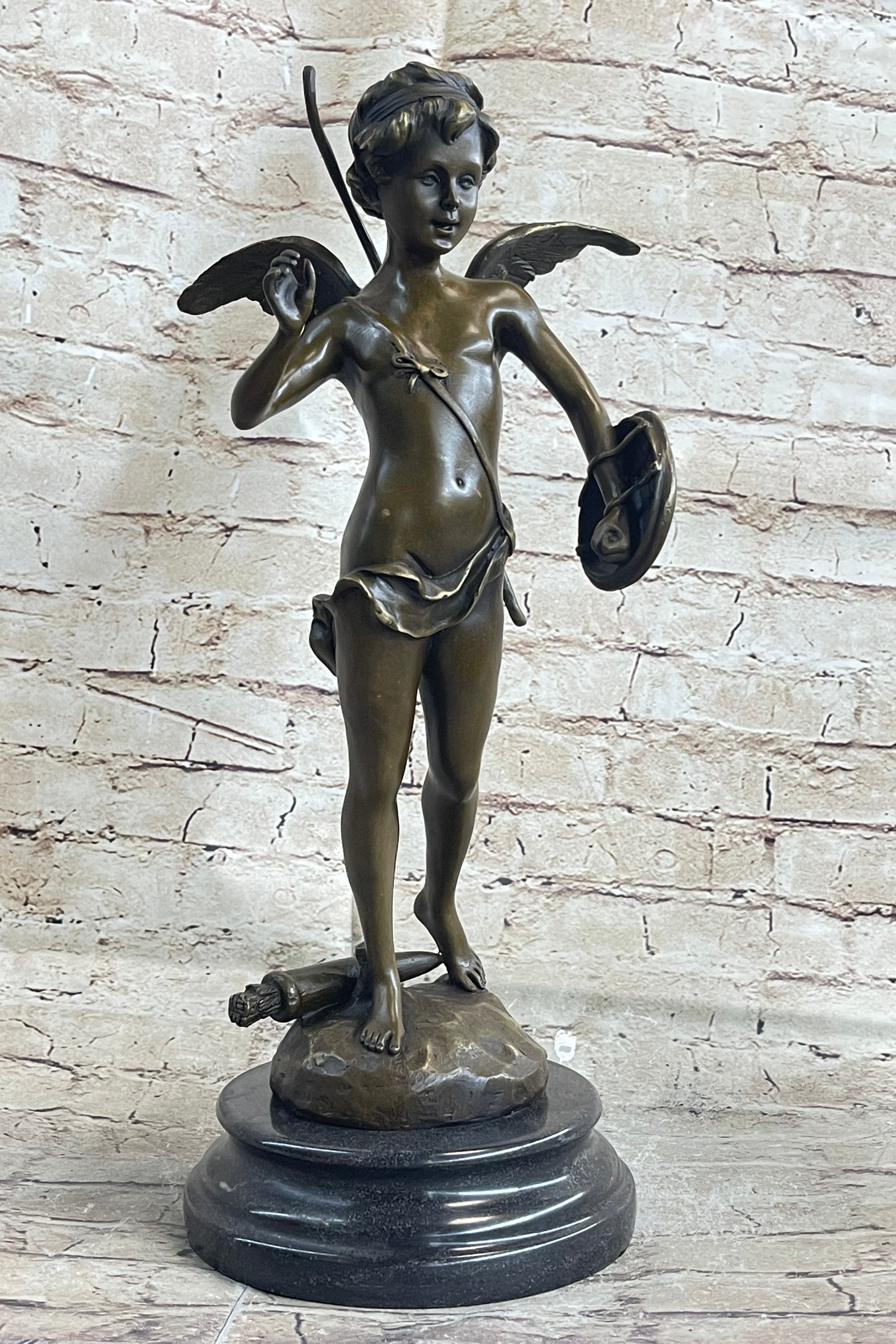 SIGNED BRONZE STATUE CUPID CHERUB SCULPTURE ON MARBLE BASE ART DECO SALE