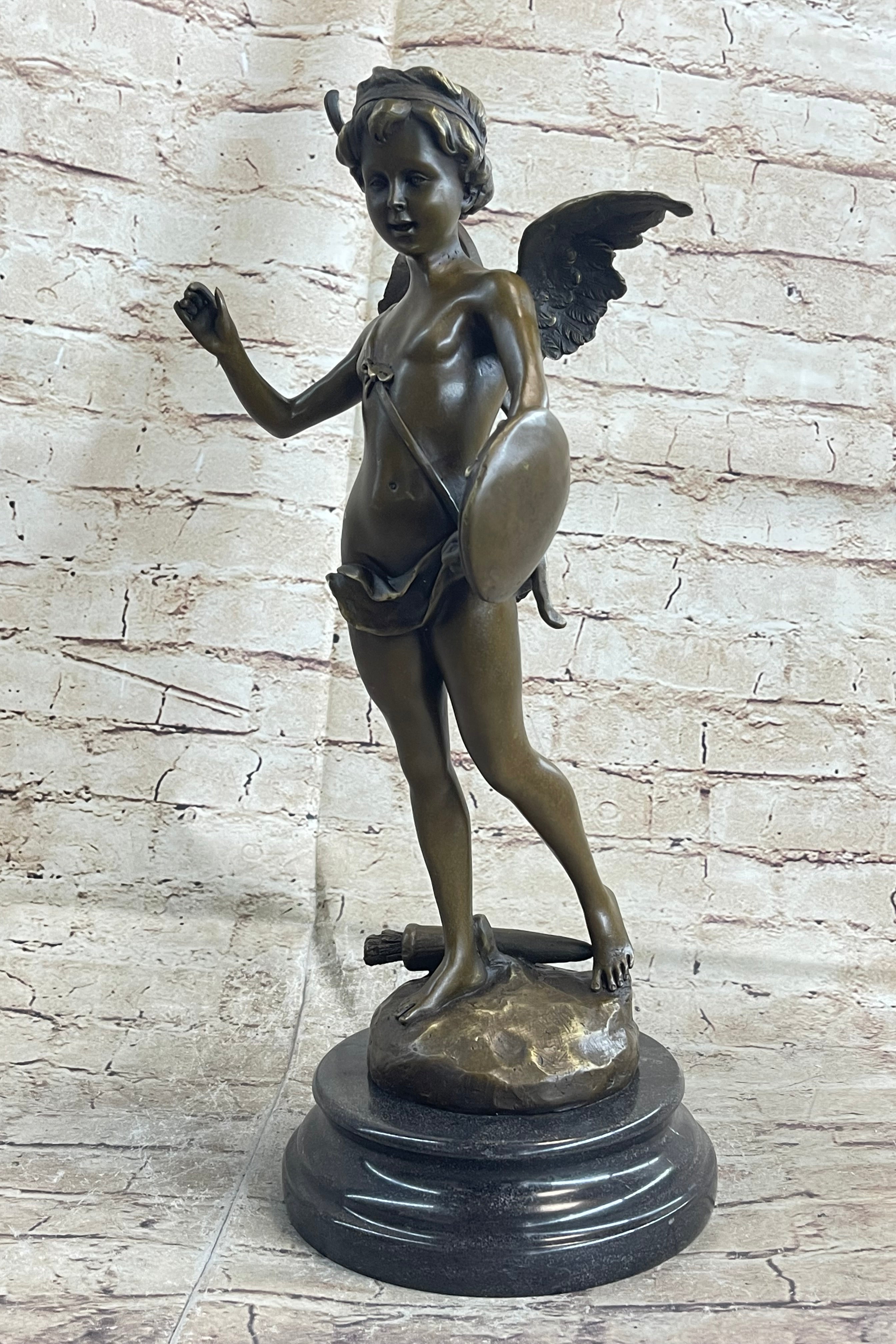 SIGNED BRONZE STATUE CUPID CHERUB SCULPTURE ON MARBLE BASE ART DECO SALE