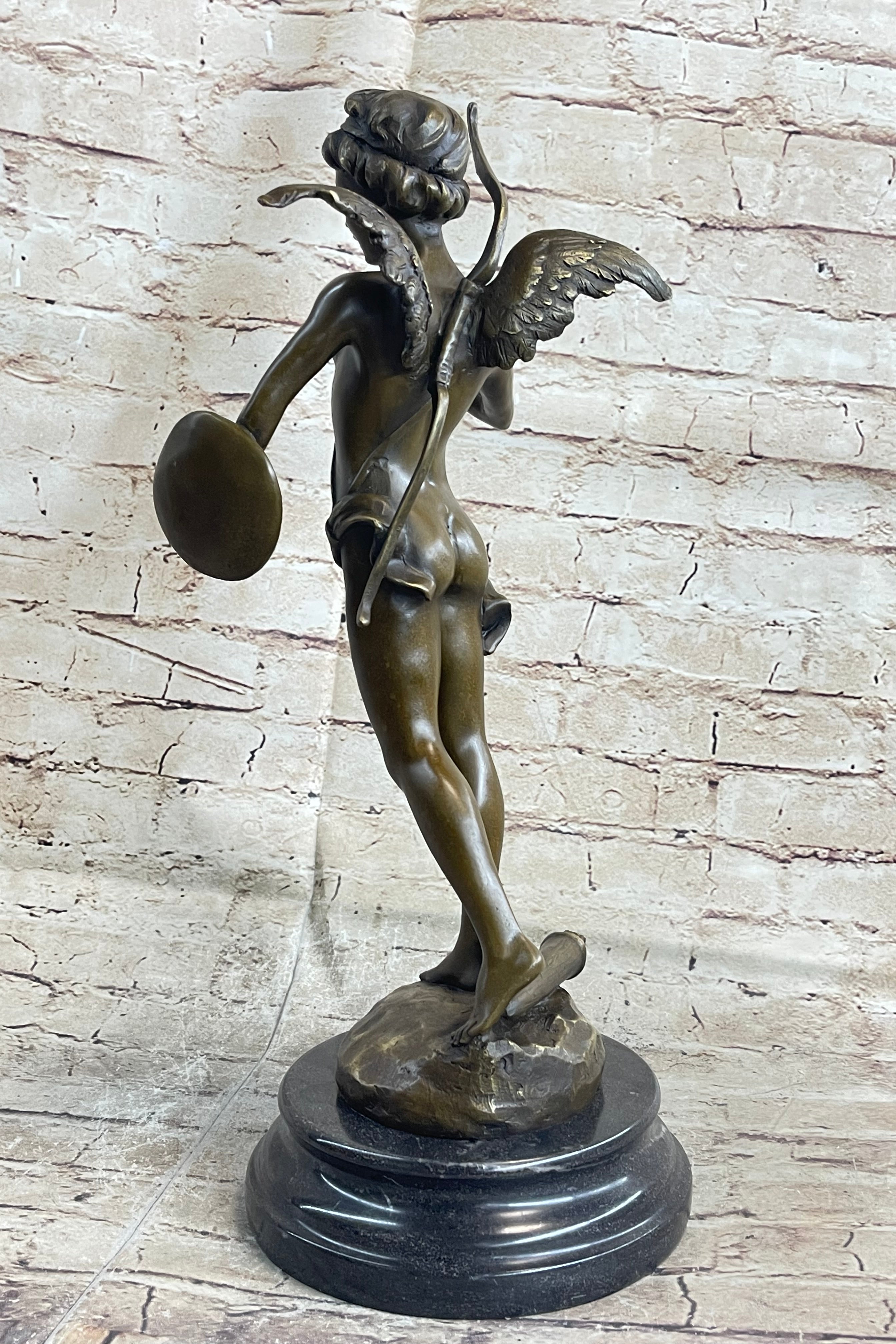 SIGNED BRONZE STATUE CUPID CHERUB SCULPTURE ON MARBLE BASE ART DECO SALE