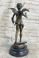 SIGNED BRONZE STATUE CUPID CHERUB SCULPTURE ON MARBLE BASE ART DECO SALE
