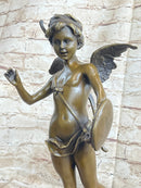 SIGNED BRONZE STATUE CUPID CHERUB SCULPTURE ON MARBLE BASE ART DECO SALE