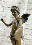 SIGNED BRONZE STATUE CUPID CHERUB SCULPTURE ON MARBLE BASE ART DECO SALE