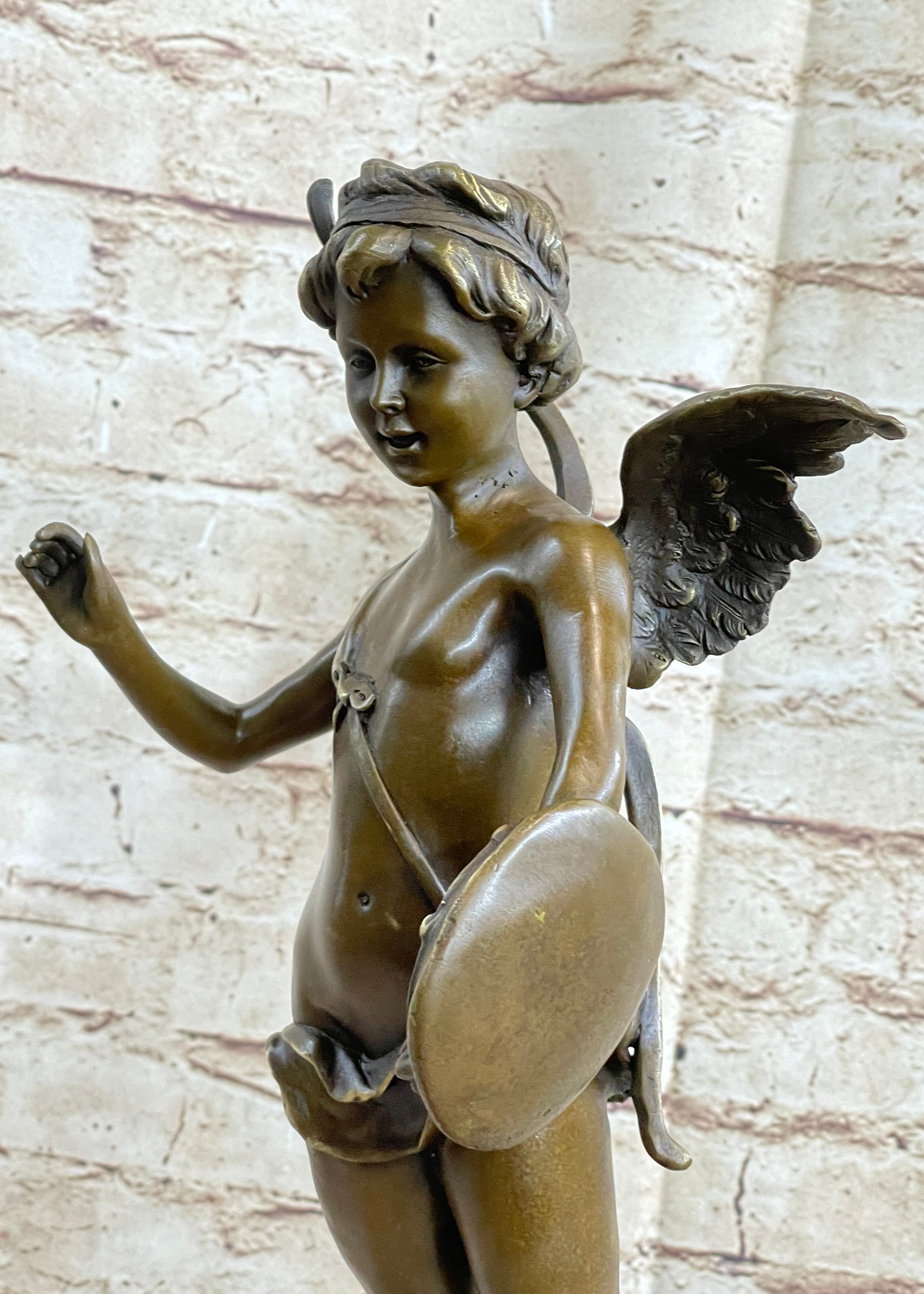 SIGNED BRONZE STATUE CUPID CHERUB SCULPTURE ON MARBLE BASE ART DECO SALE