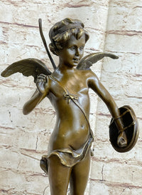 SIGNED BRONZE STATUE CUPID CHERUB SCULPTURE ON MARBLE BASE ART DECO SALE