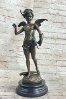 SIGNED BRONZE STATUE CUPID CHERUB SCULPTURE ON MARBLE BASE ART DECO SALE