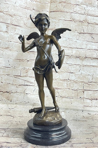 SIGNED BRONZE STATUE CUPID CHERUB SCULPTURE ON MARBLE BASE ART DECO SALE