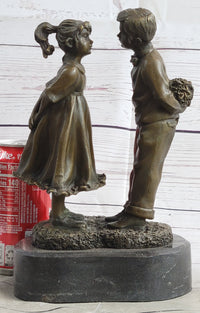 First Kiss Love Romance Children Bronze Sculpture on Marble Base