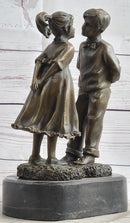 First Kiss Love Romance Children Bronze Sculpture on Marble Base