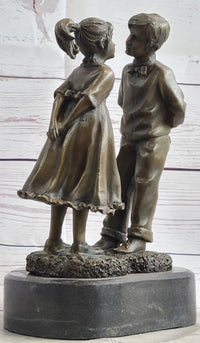 First Kiss Love Romance Children Bronze Sculpture on Marble Base