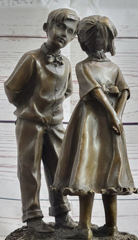 First Kiss Love Romance Children Bronze Sculpture on Marble Base