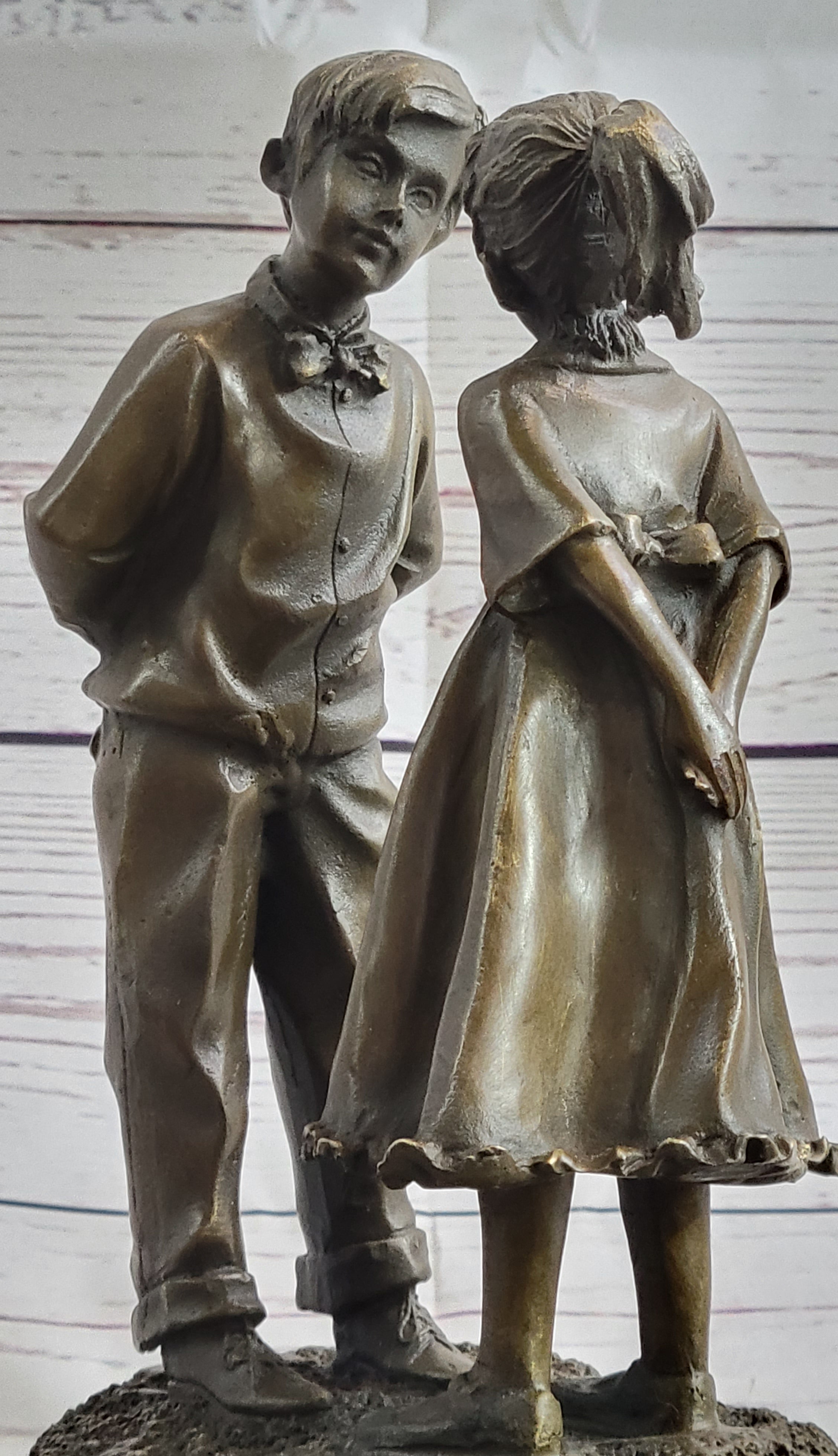 First Kiss Love Romance Children Bronze Sculpture on Marble Base