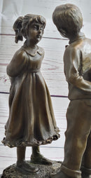 First Kiss Love Romance Children Bronze Sculpture on Marble Base