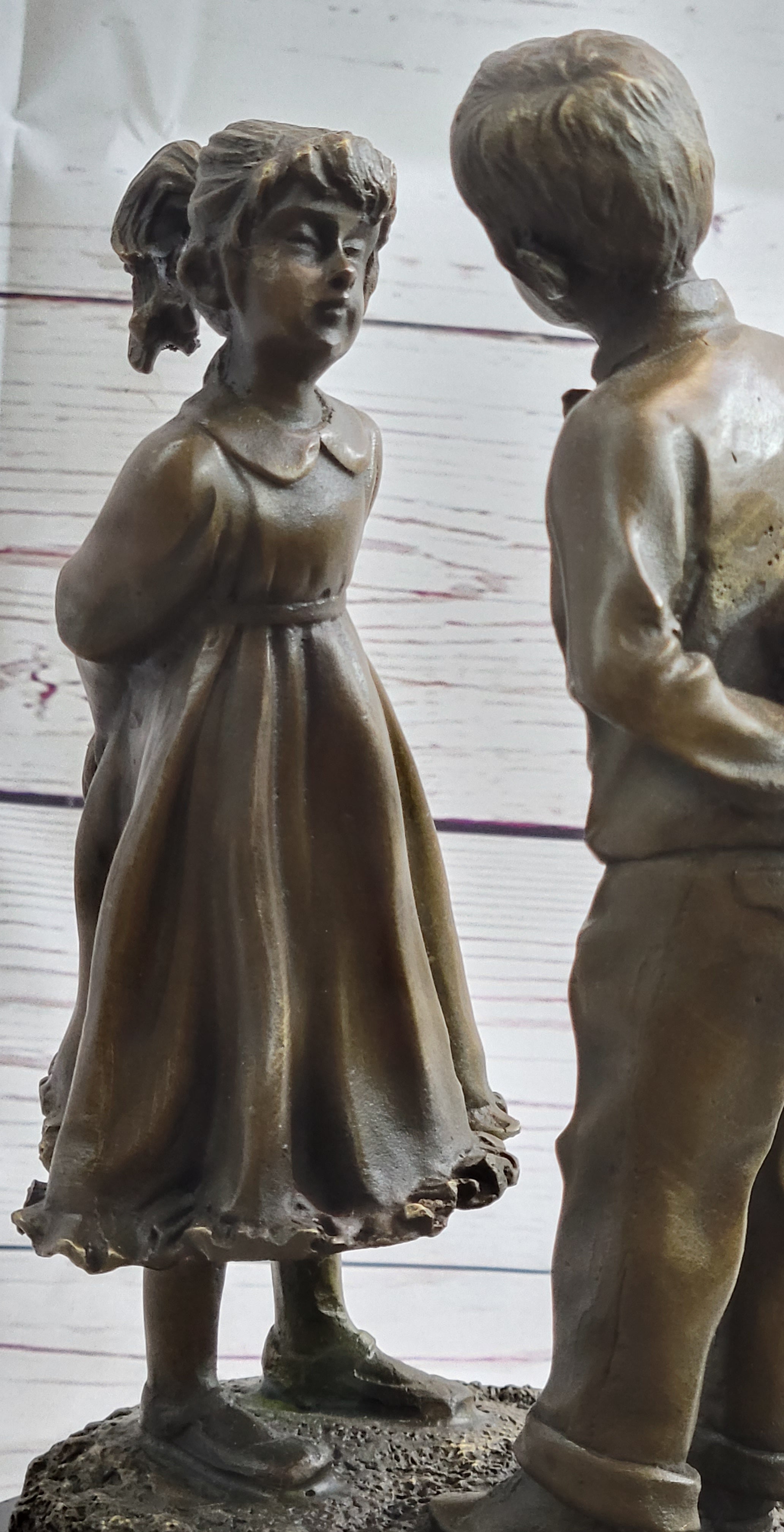First Kiss Love Romance Children Bronze Sculpture on Marble Base