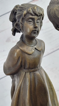 First Kiss Love Romance Children Bronze Sculpture on Marble Base