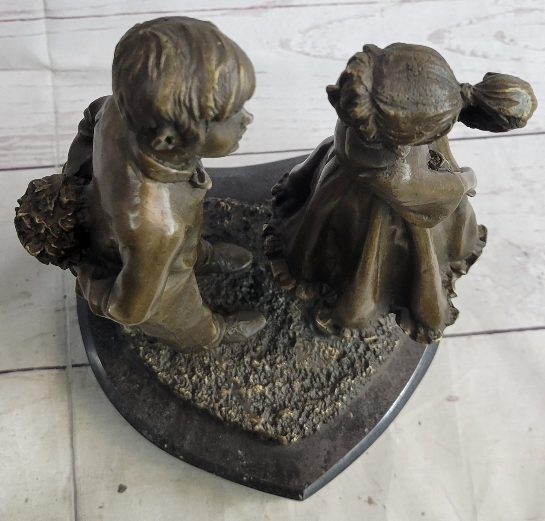 First Kiss Love Romance Children Bronze Sculpture on Marble Base