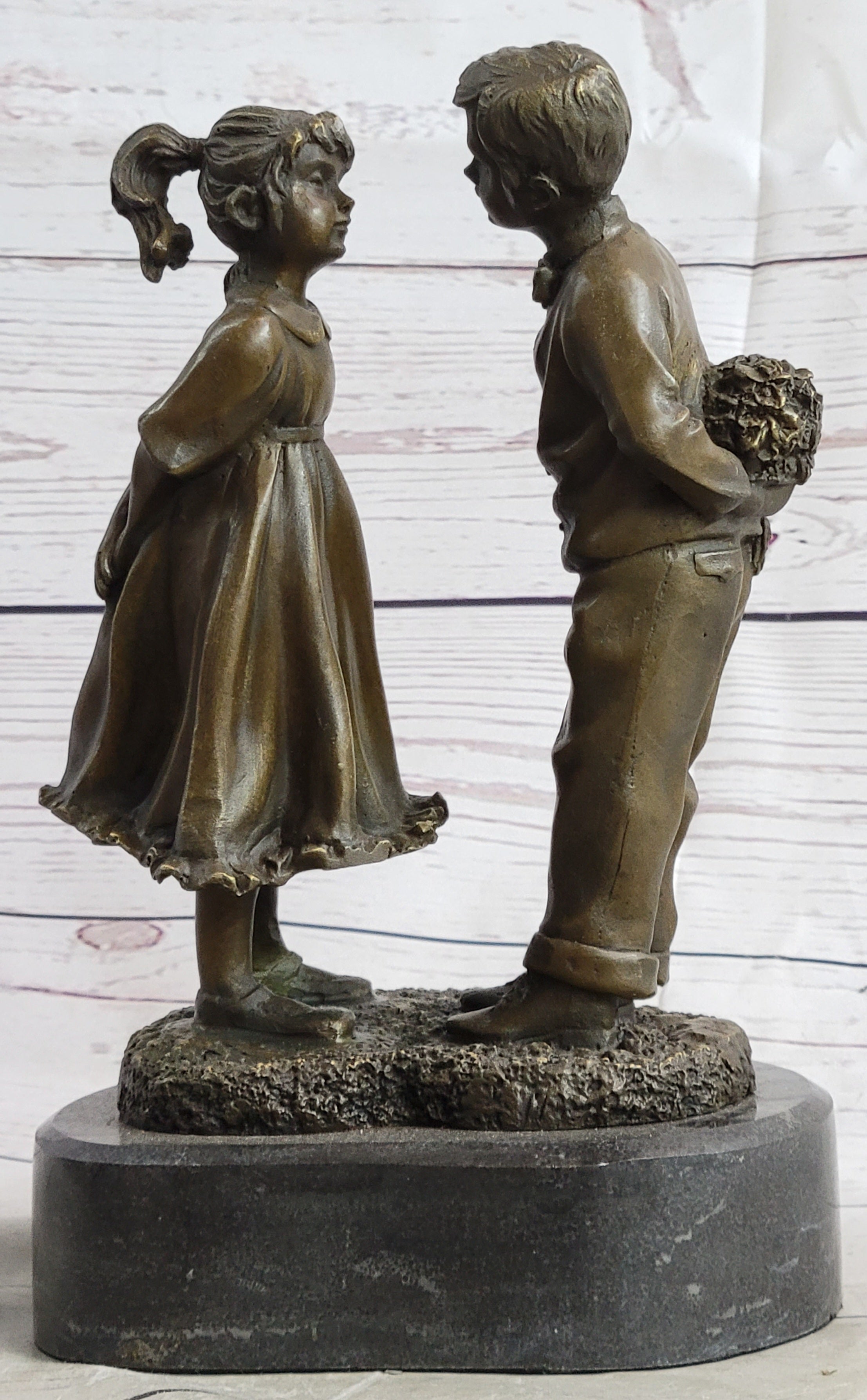 First Kiss Love Romance Children Bronze Sculpture on Marble Base