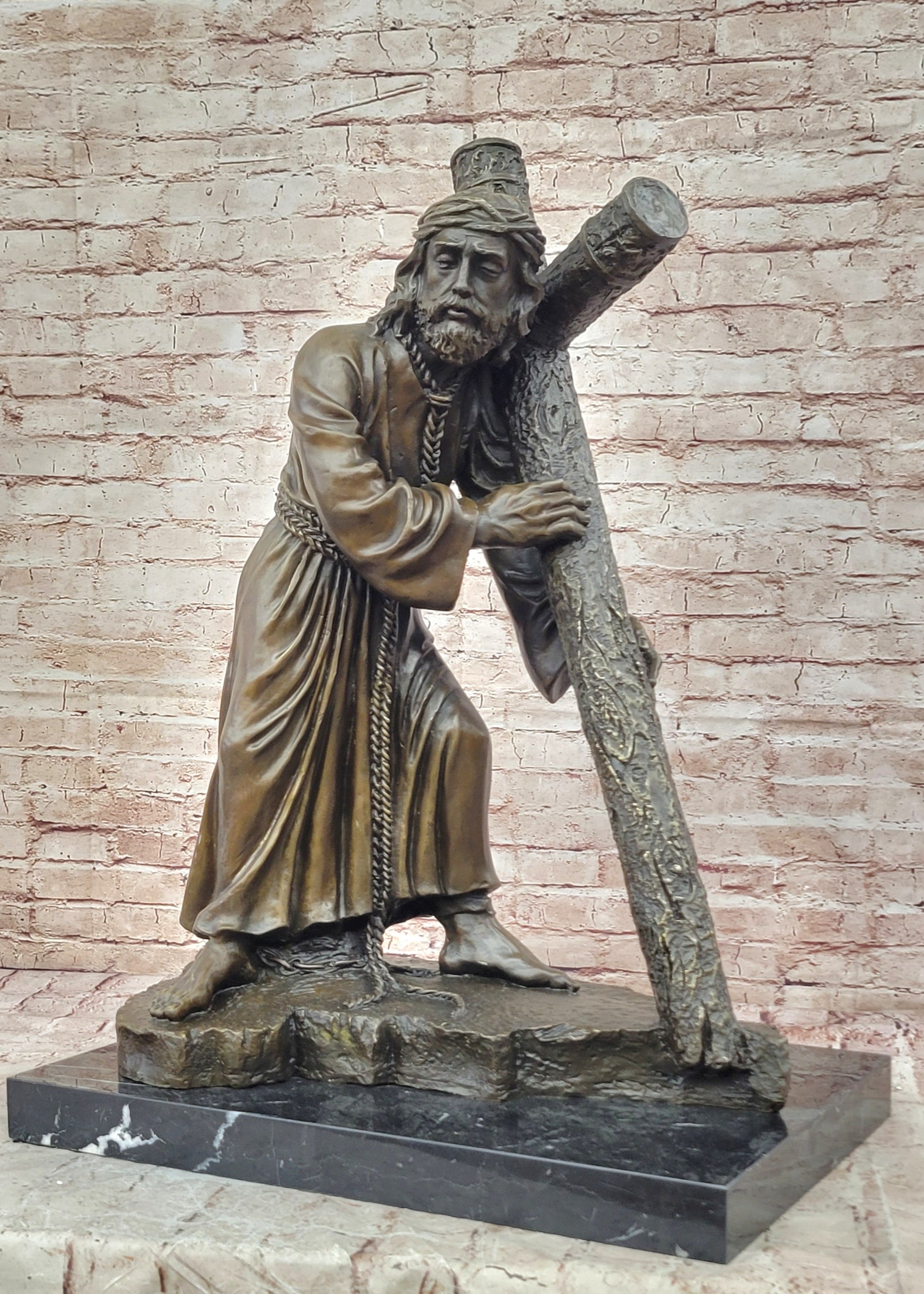 Bronze Jesus Carrying the Cross on Marble Base