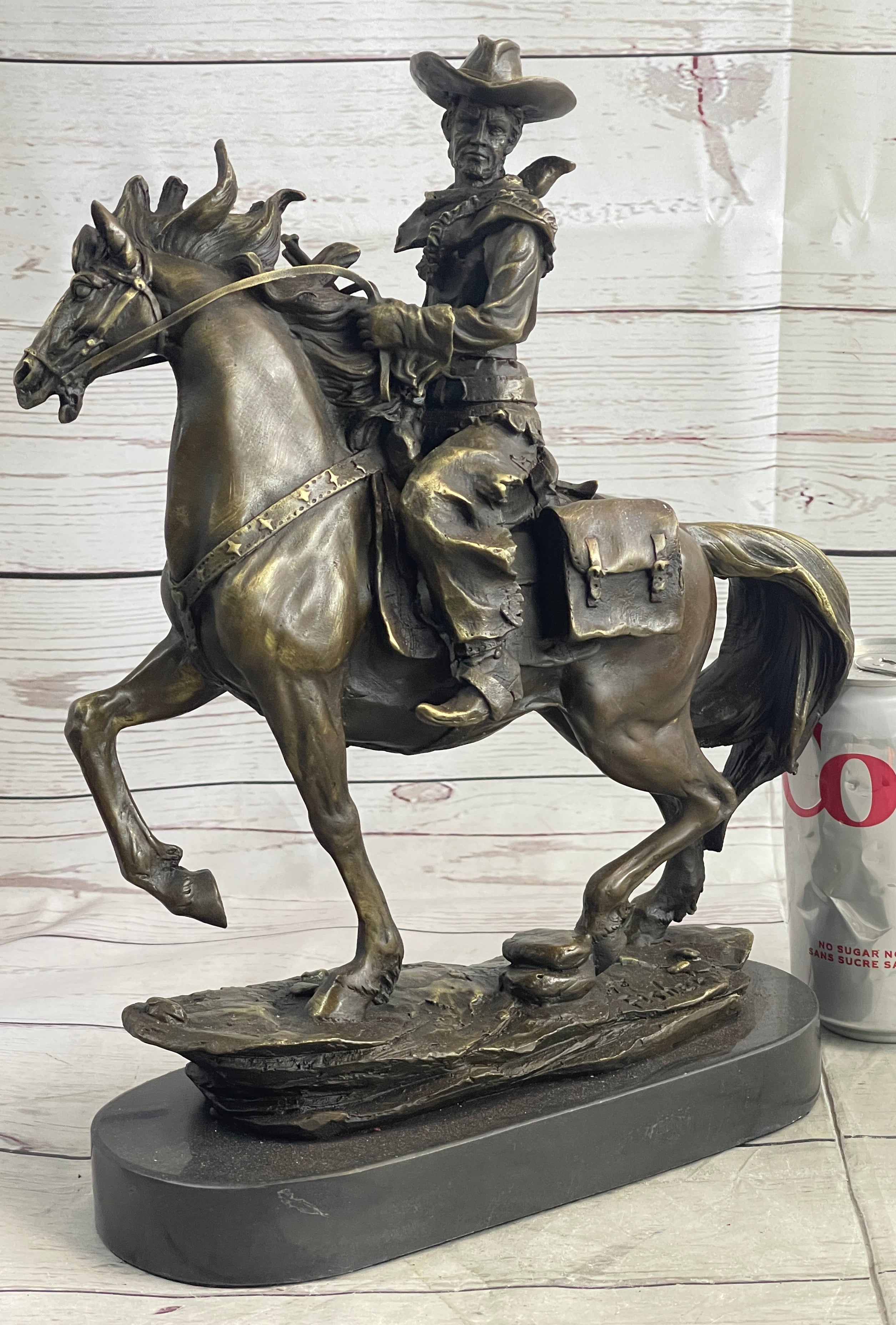 Miniature Bronze Cowboy on Horseback 14" x 7" Marble Base