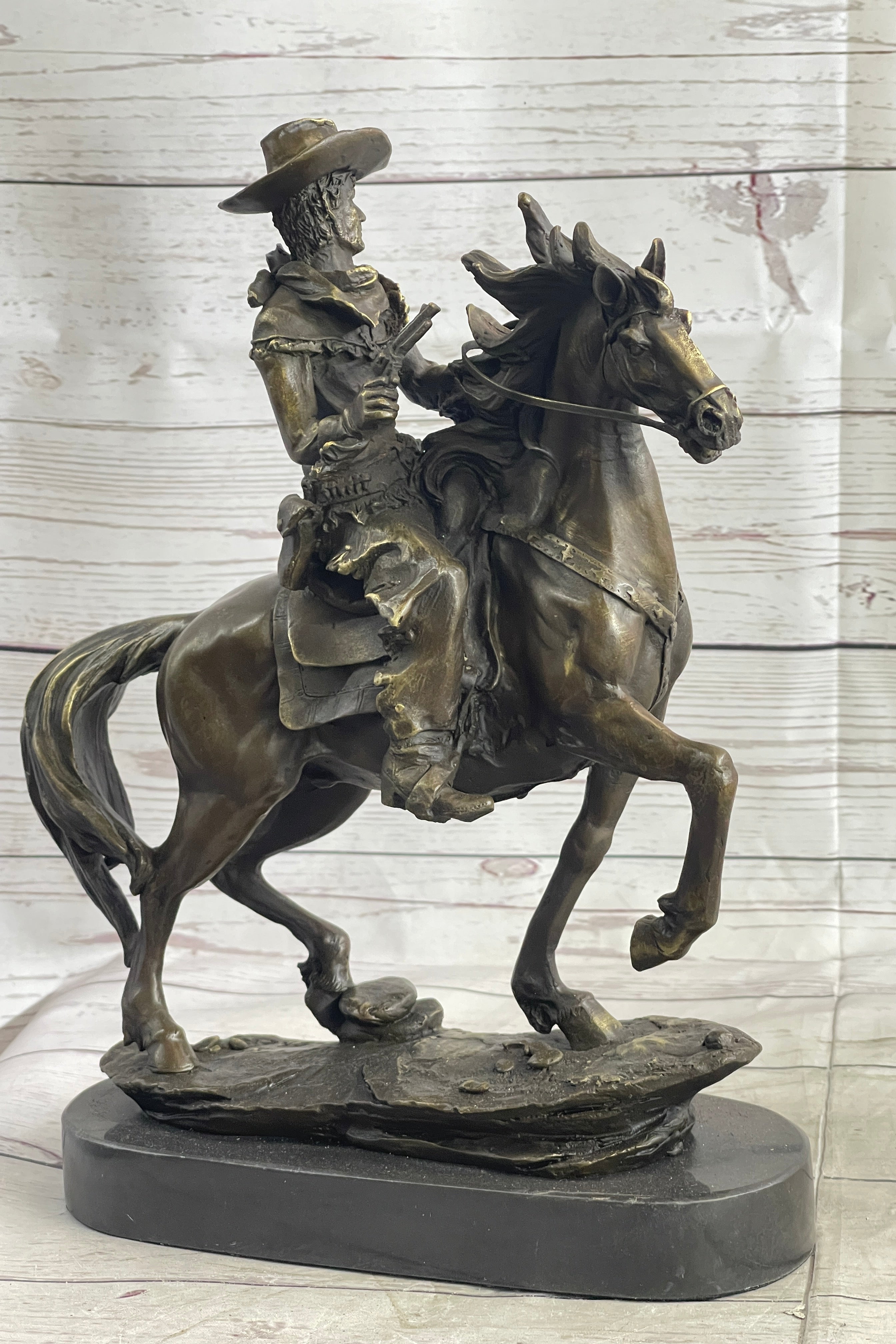 Miniature Bronze Cowboy on Horseback 14" x 7" Marble Base
