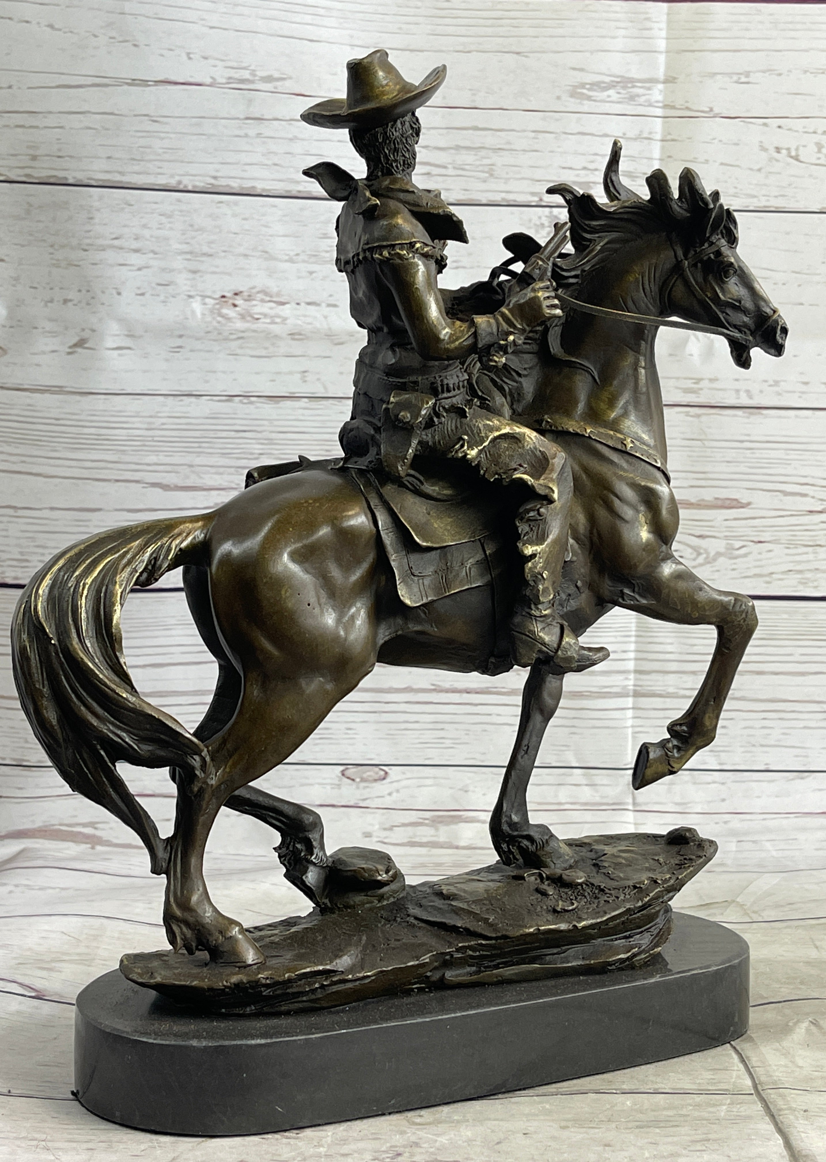 Miniature Bronze Cowboy on Horseback 14" x 7" Marble Base
