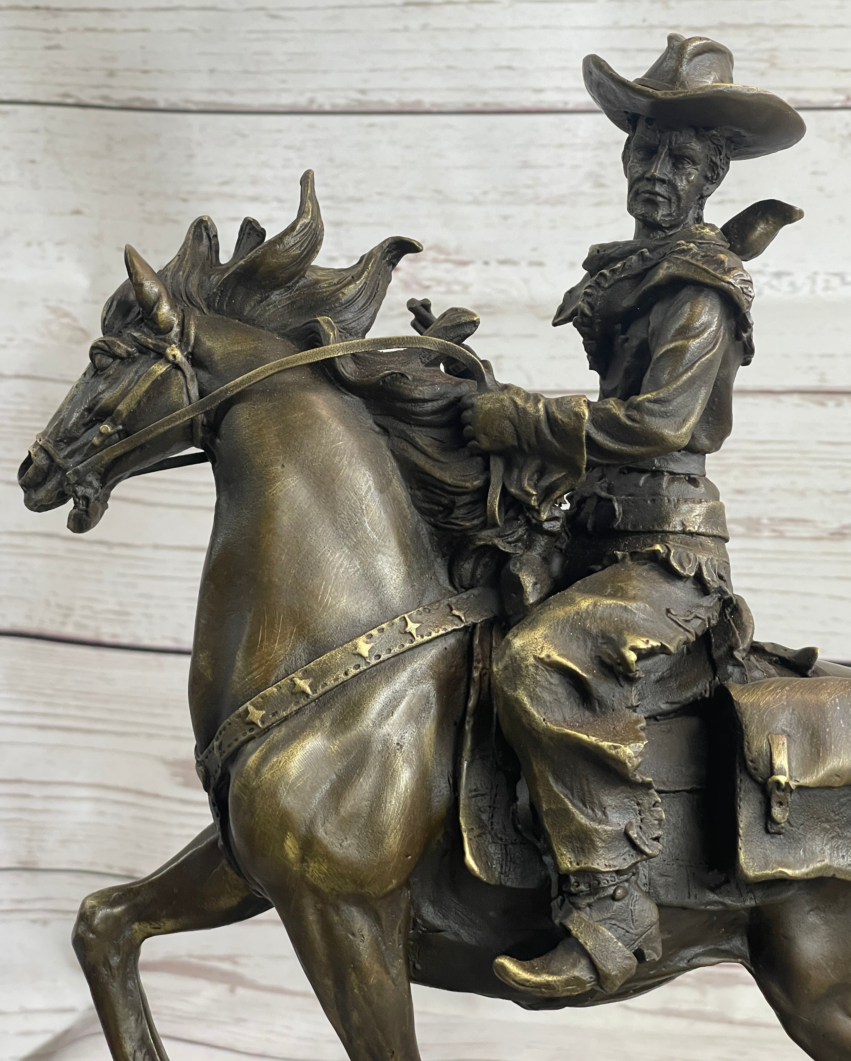 Miniature Bronze Cowboy on Horseback 14" x 7" Marble Base
