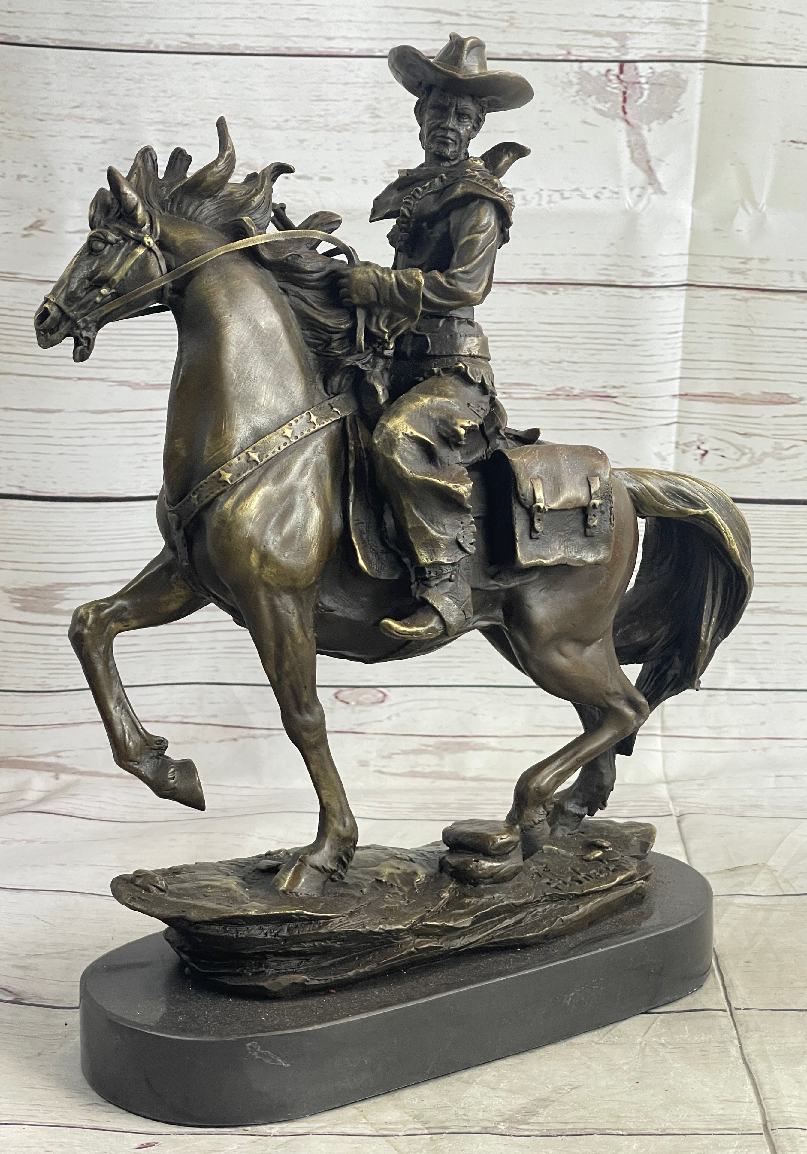 Miniature Bronze Cowboy on Horseback 14" x 7" Marble Base