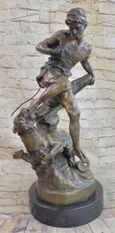 Signed Barye Muscular Man Defends Against Lion Bronze