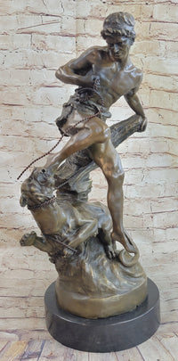 Signed Barye Muscular Man Defends Against Lion Bronze