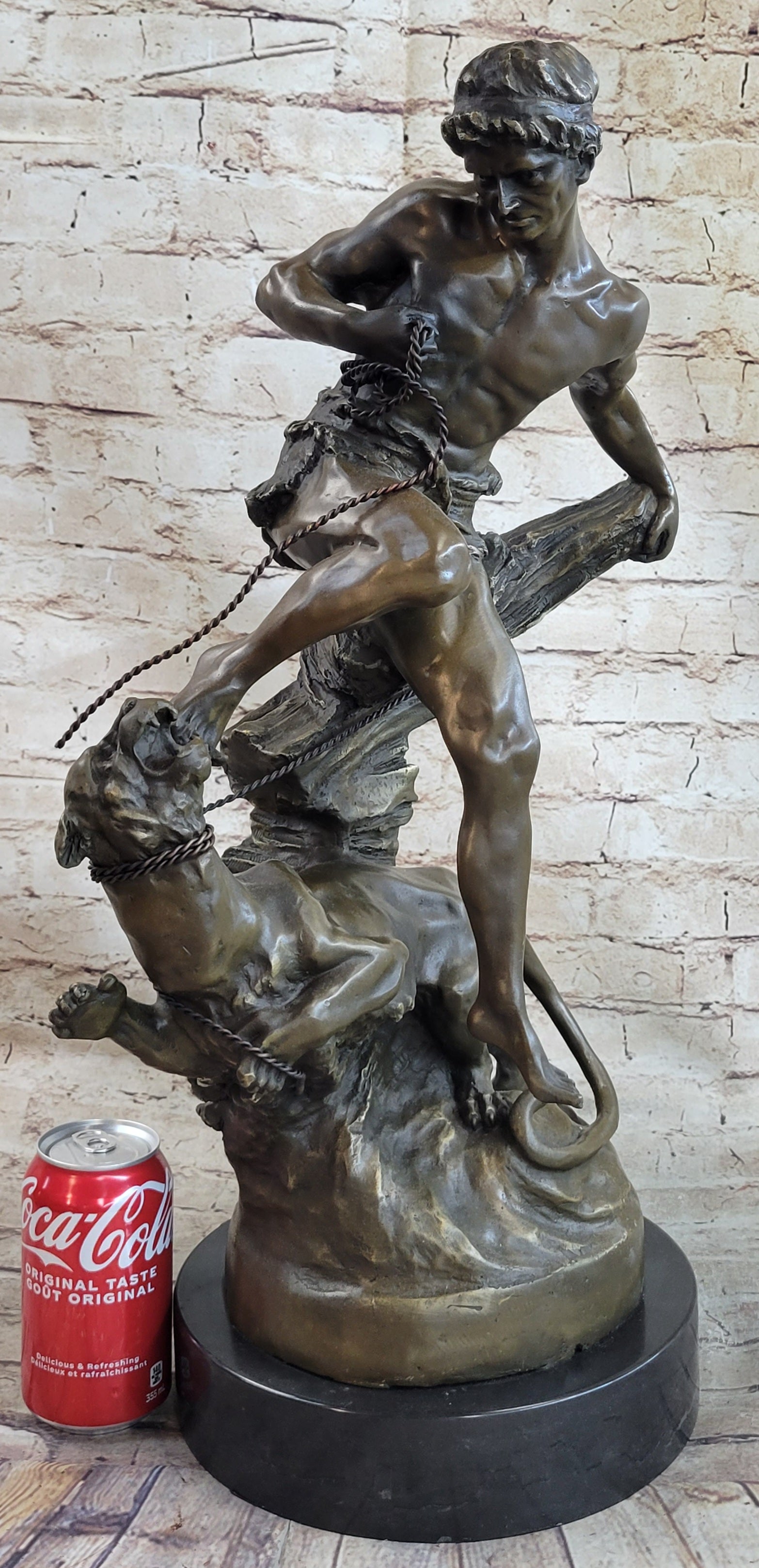Signed Barye Muscular Man Defends Against Lion Bronze