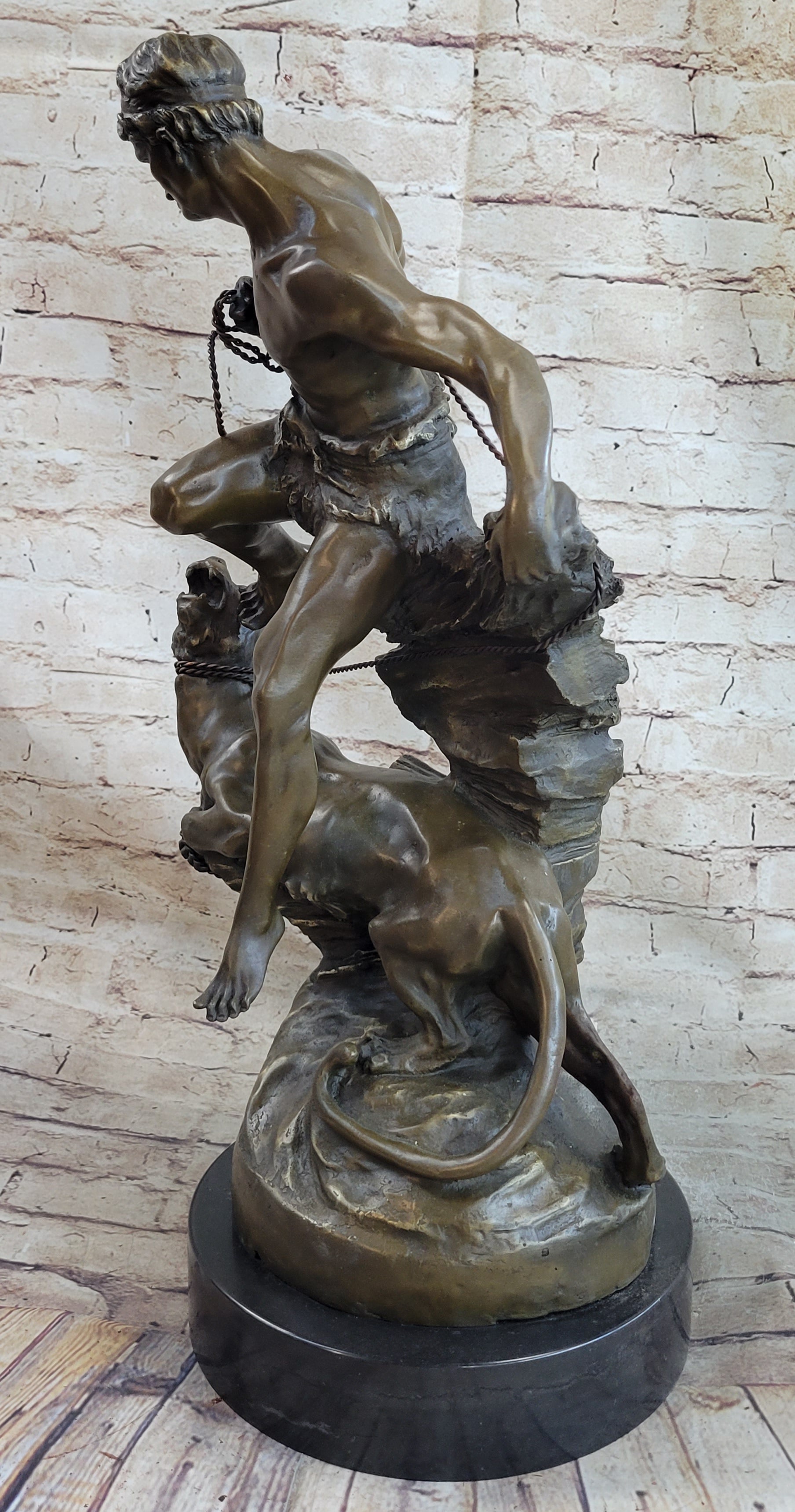 Signed Barye Muscular Man Defends Against Lion Bronze