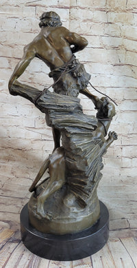 Signed Barye Muscular Man Defends Against Lion Bronze