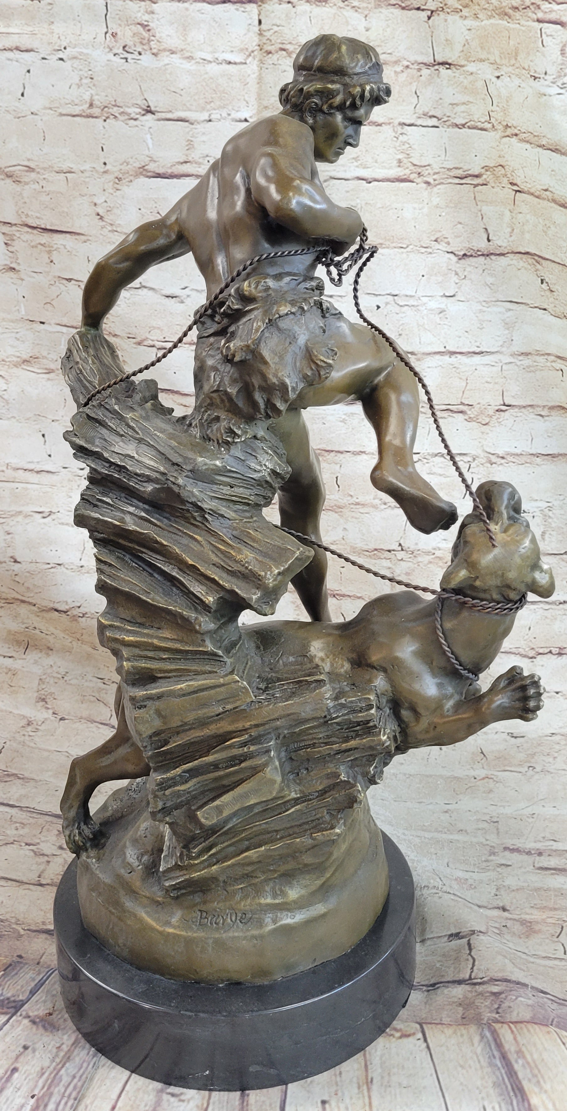 Signed Barye Muscular Man Defends Against Lion Bronze