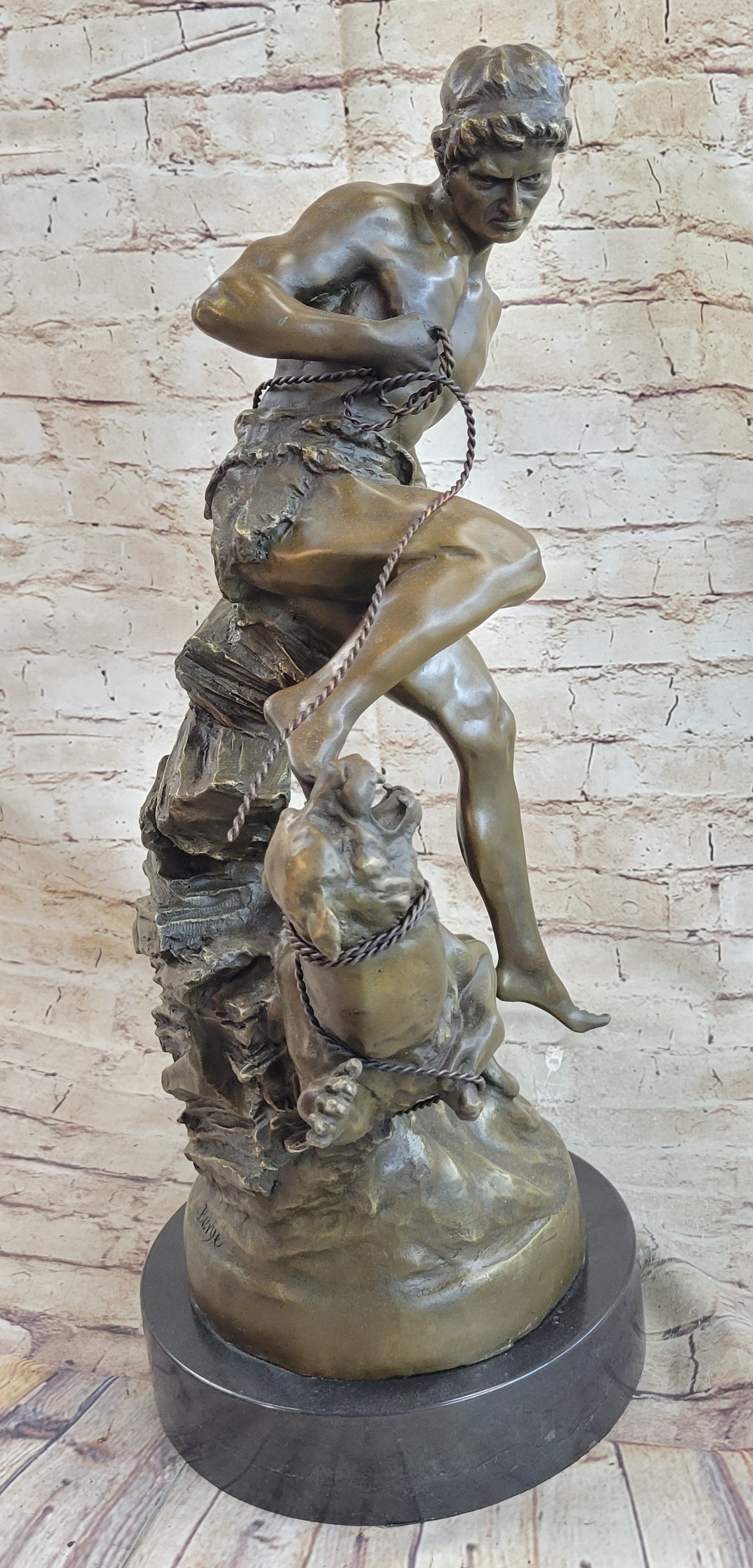 Signed Barye Muscular Man Defends Against Lion Bronze