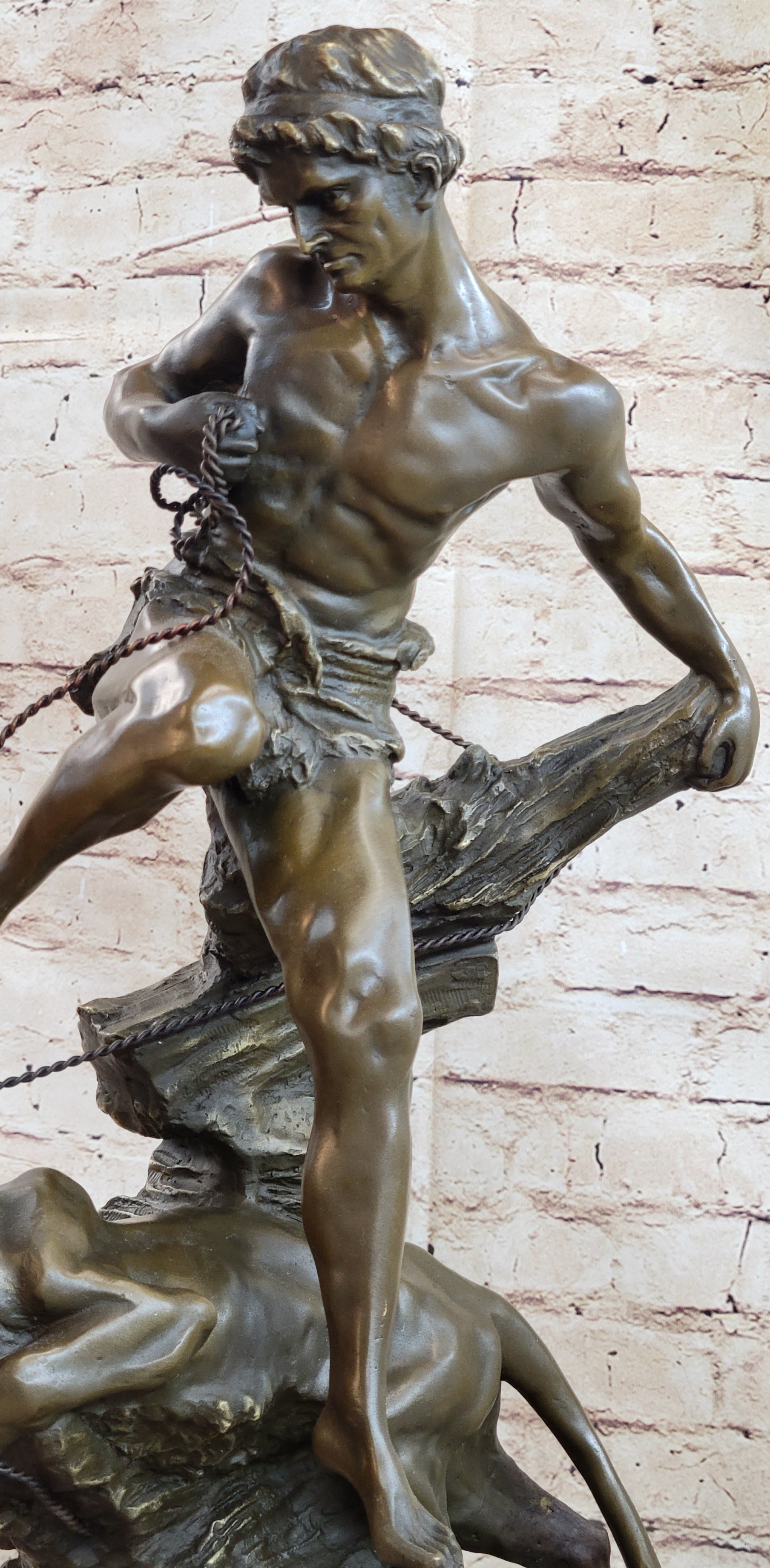 Signed Barye Muscular Man Defends Against Lion Bronze
