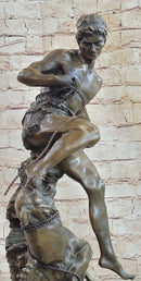 Signed Barye Muscular Man Defends Against Lion Bronze