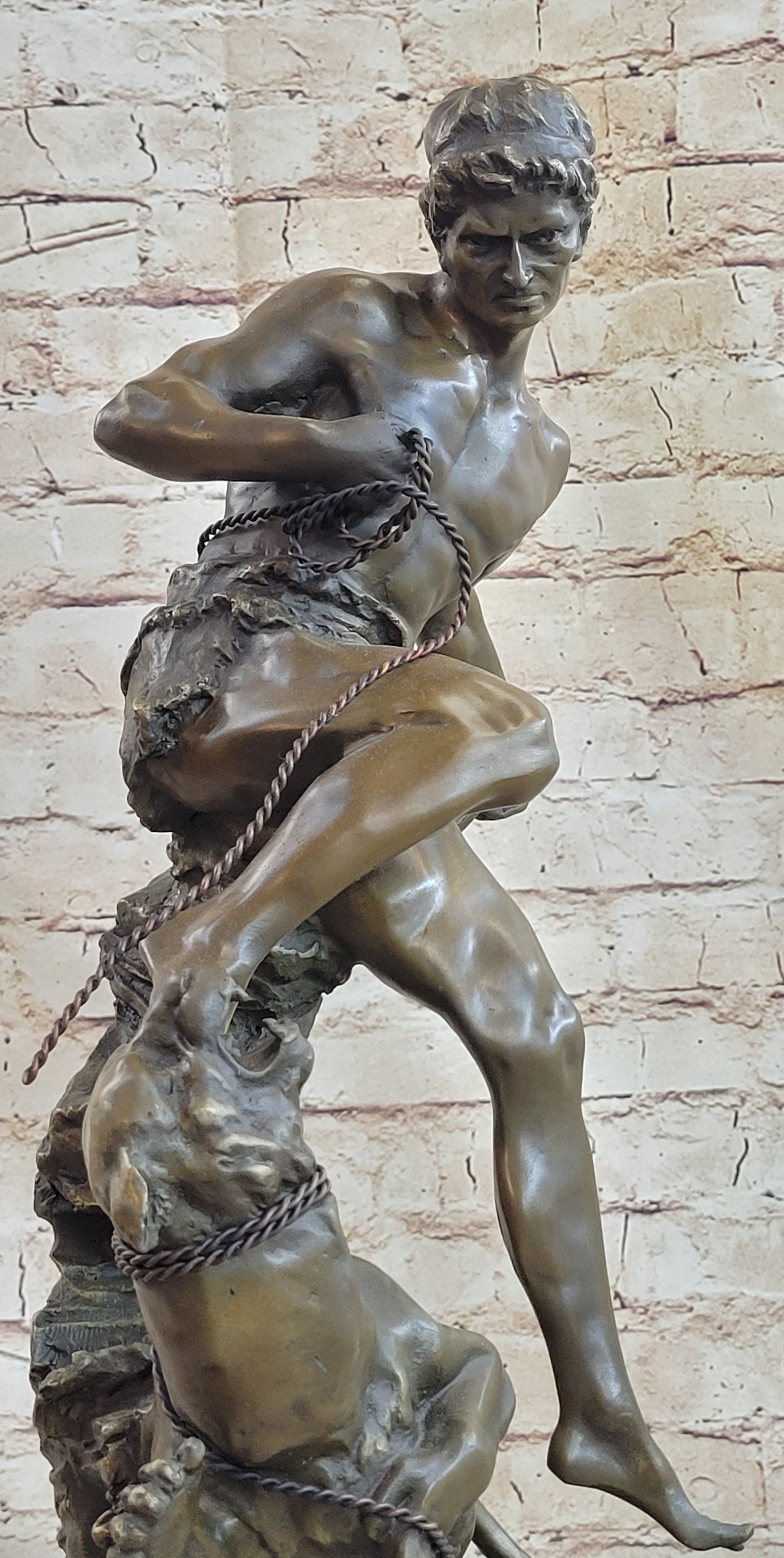 Signed Barye Muscular Man Defends Against Lion Bronze