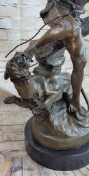 Signed Barye Muscular Man Defends Against Lion Bronze