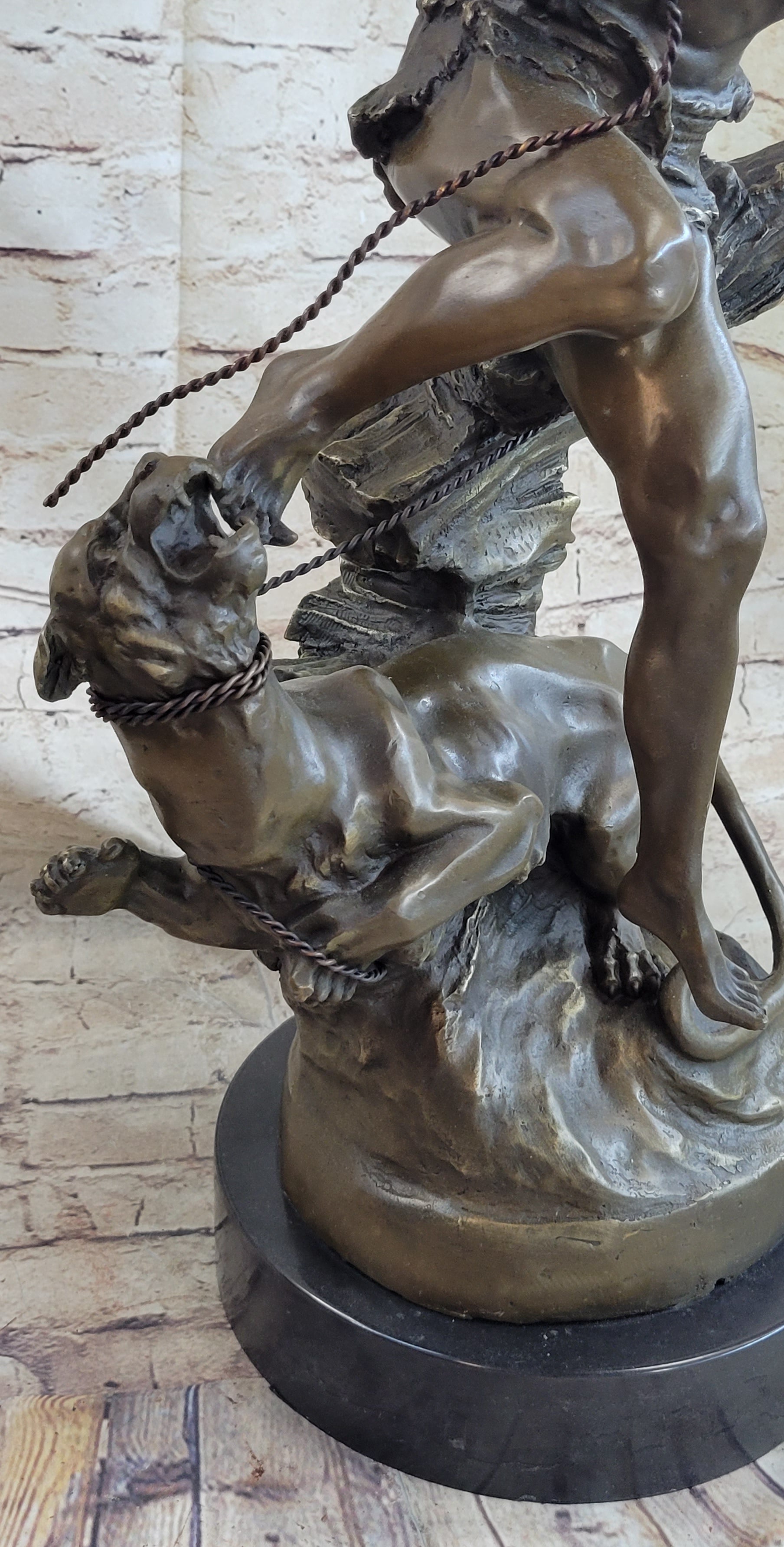 Signed Barye Muscular Man Defends Against Lion Bronze