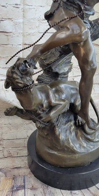 Signed Barye Muscular Man Defends Against Lion Bronze