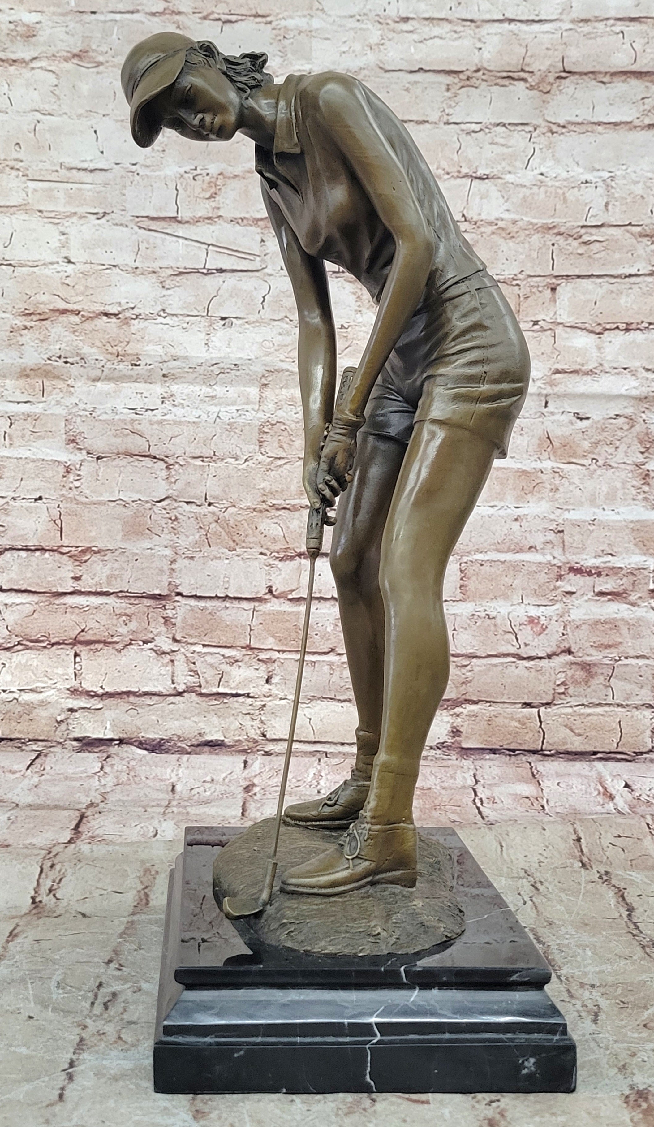 Bronze Female Golfer Sculpture – Lady Putting on Marble Base