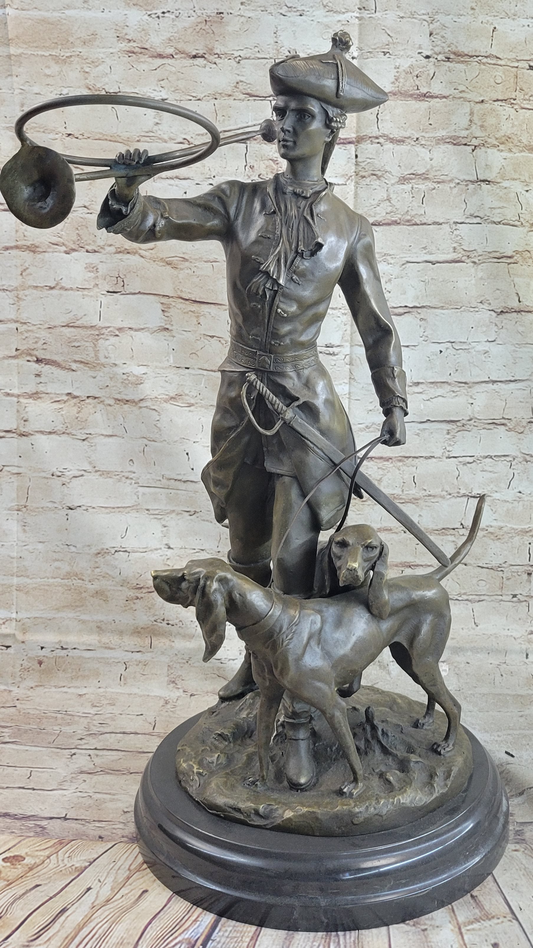 Military Bugler With Hound Dogs Bronze Sculpture 26" x 19"
