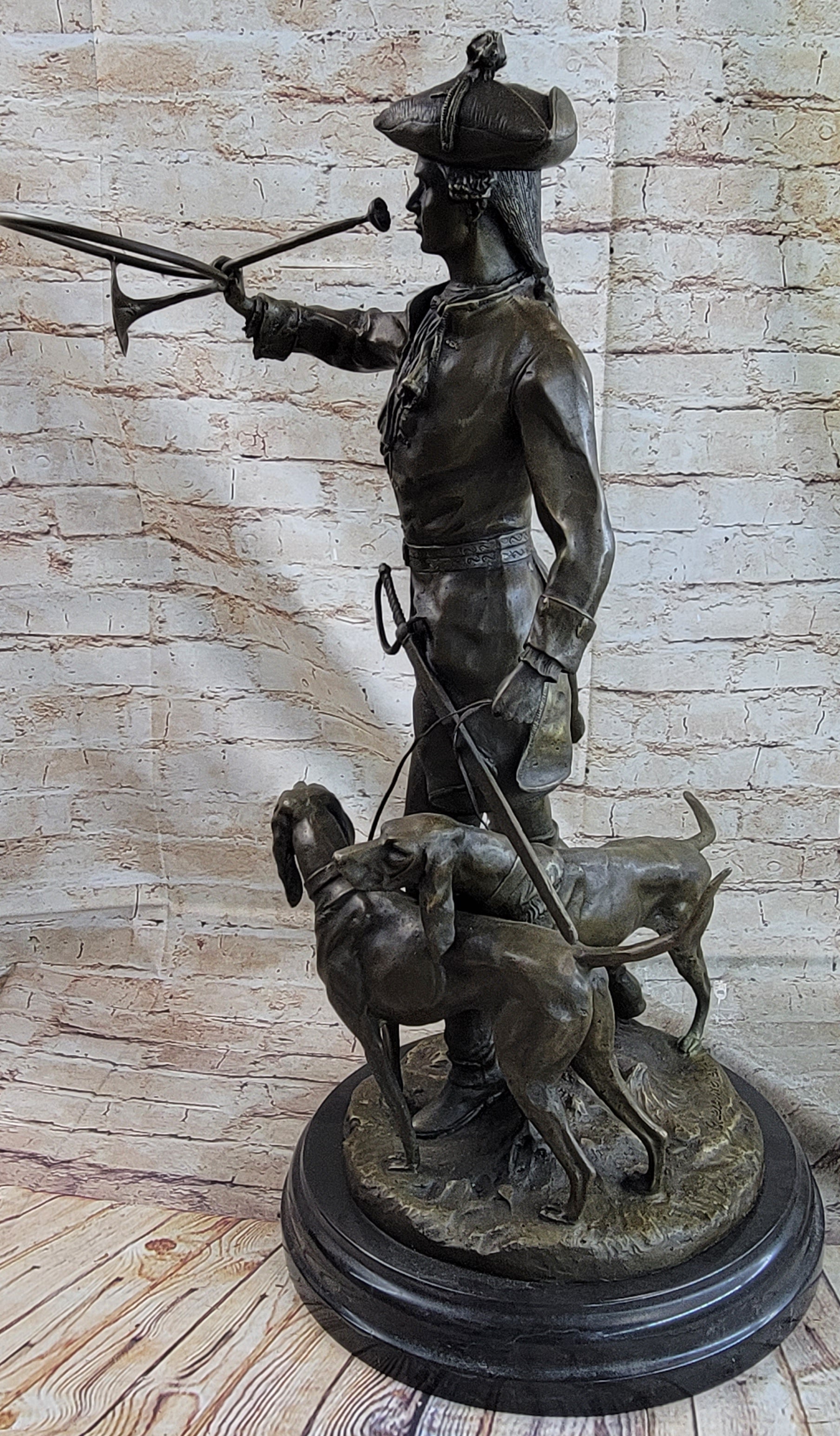 Military Bugler With Hound Dogs Bronze Sculpture 26" x 19"