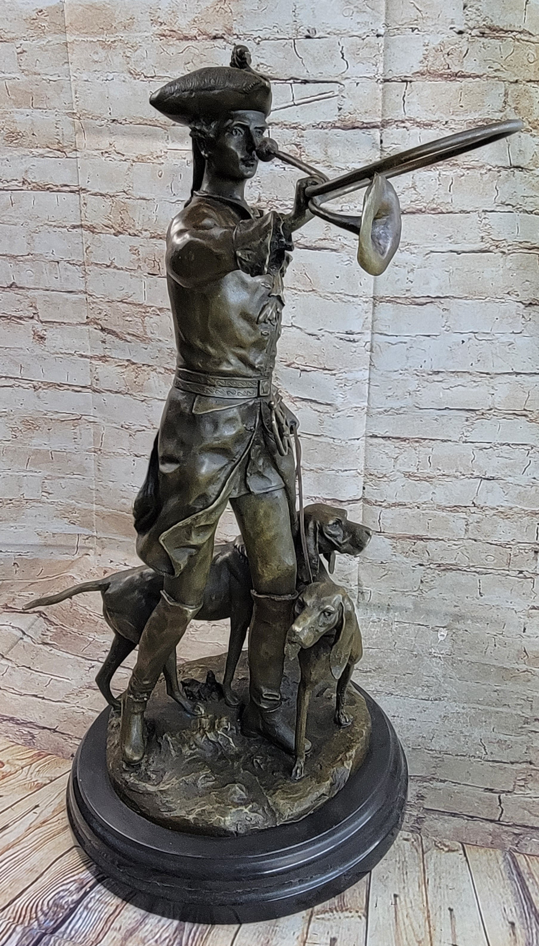 Military Bugler With Hound Dogs Bronze Sculpture 26" x 19"