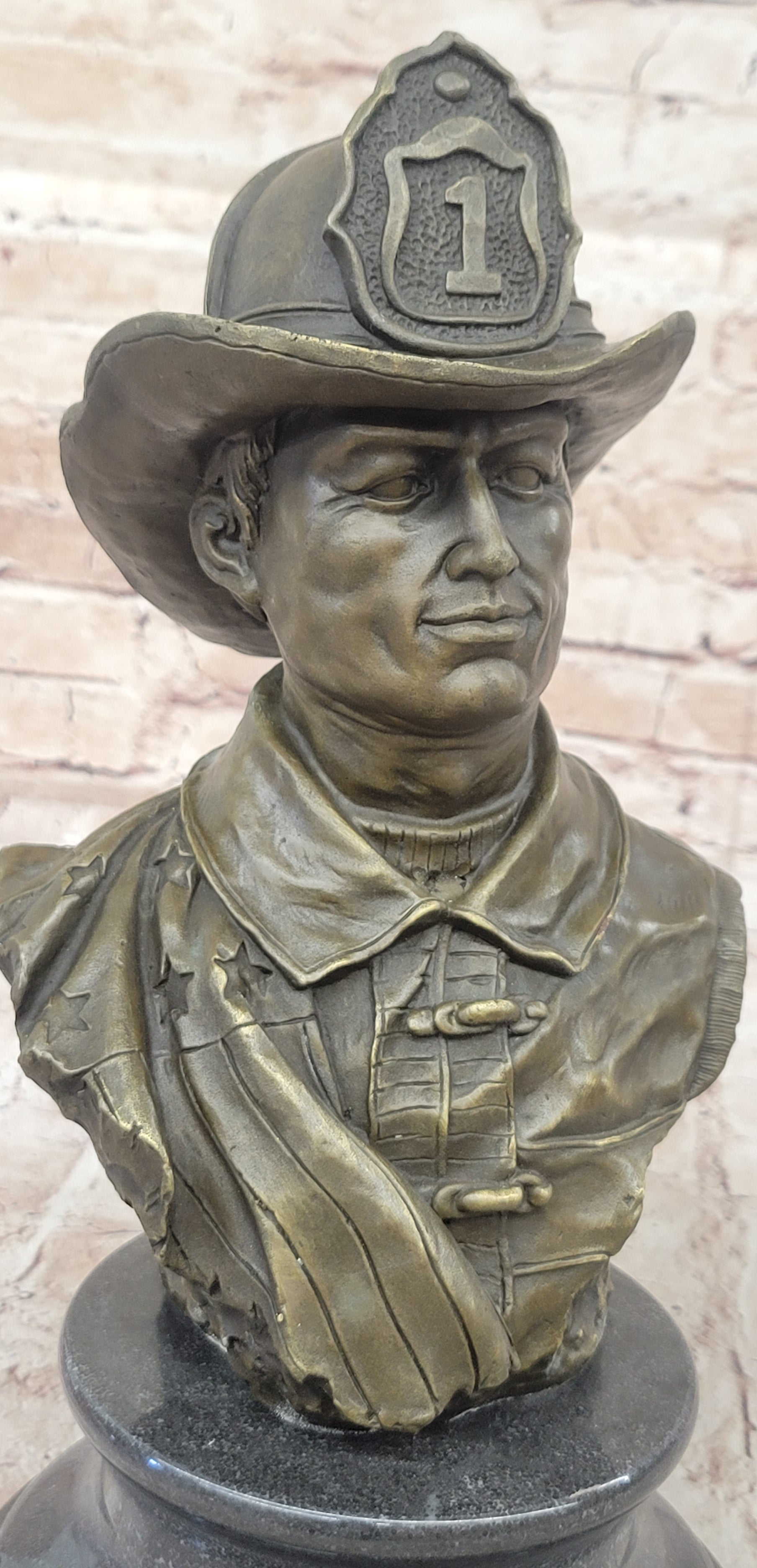 Firefighter Fireman Bronze Metal Bust on Marble Base