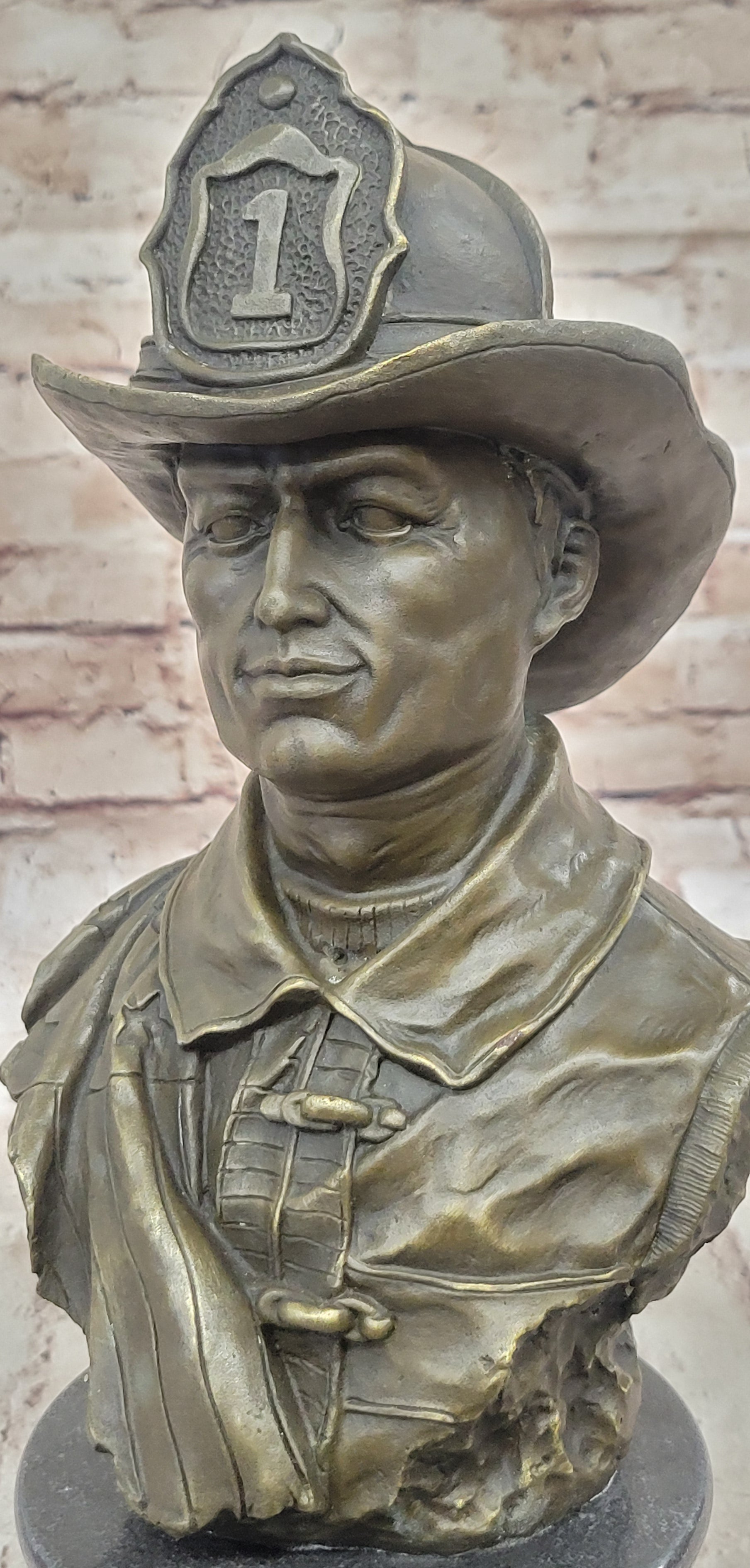 Firefighter Fireman Bronze Metal Bust on Marble Base